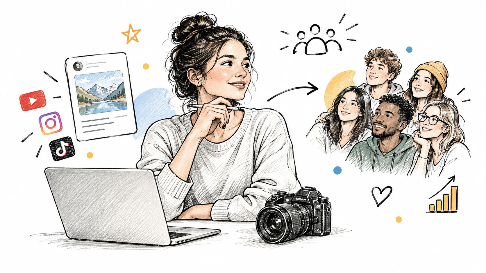 A digital artist or content creator working on a laptop with social media icons and an audience illustration.