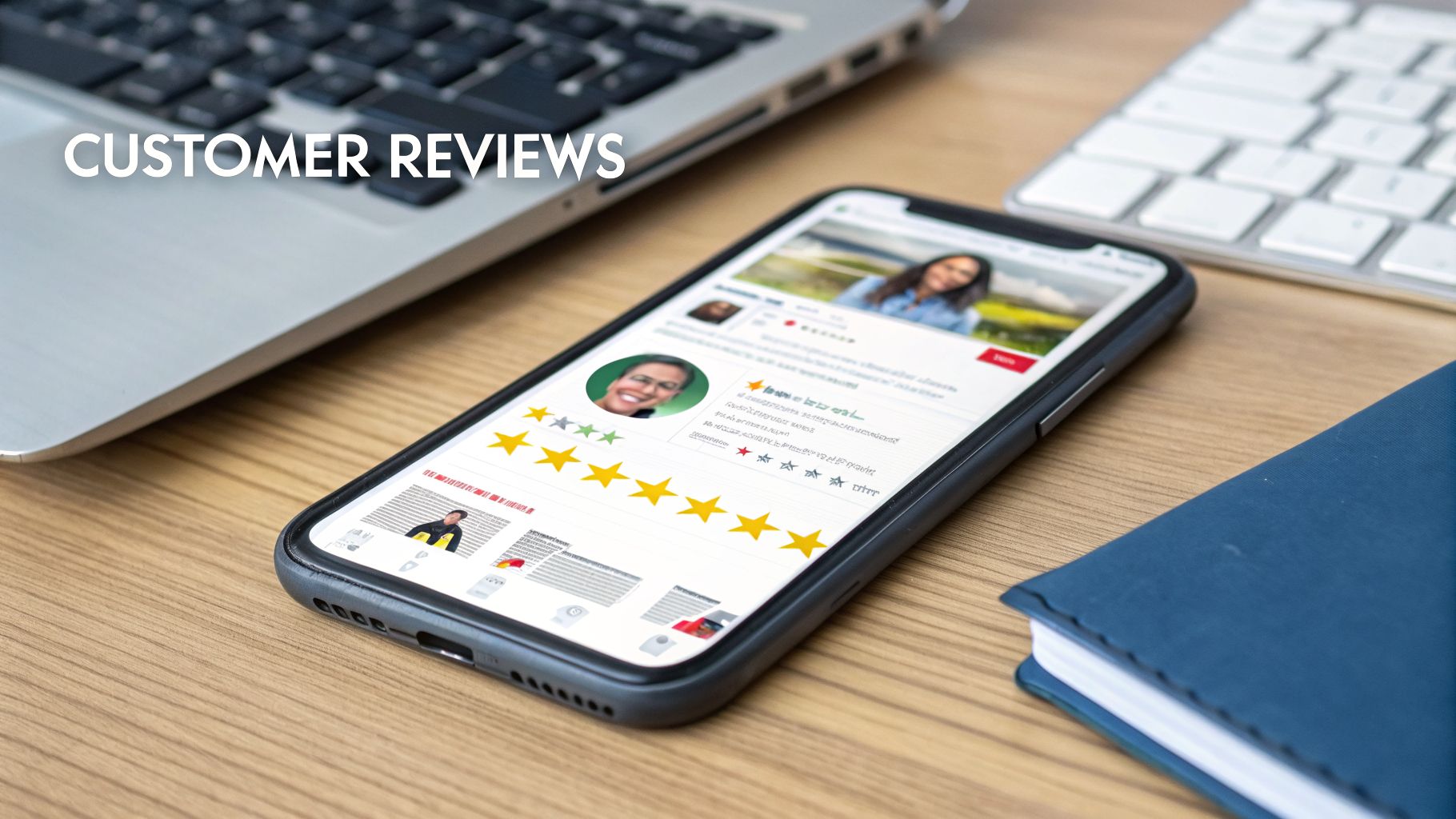 Smartphone displaying customer reviews with star ratings and profile pictures on a desk, next to a laptop.