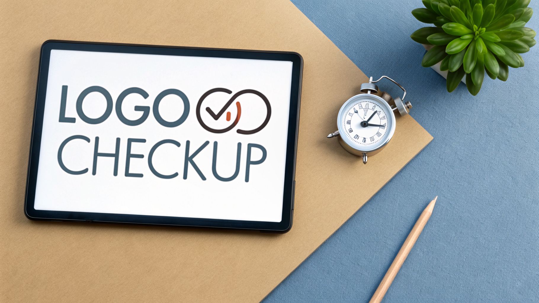 Flat lay of a tablet displaying 'LOGO CHECKUP' design, alongside an alarm clock and plant.