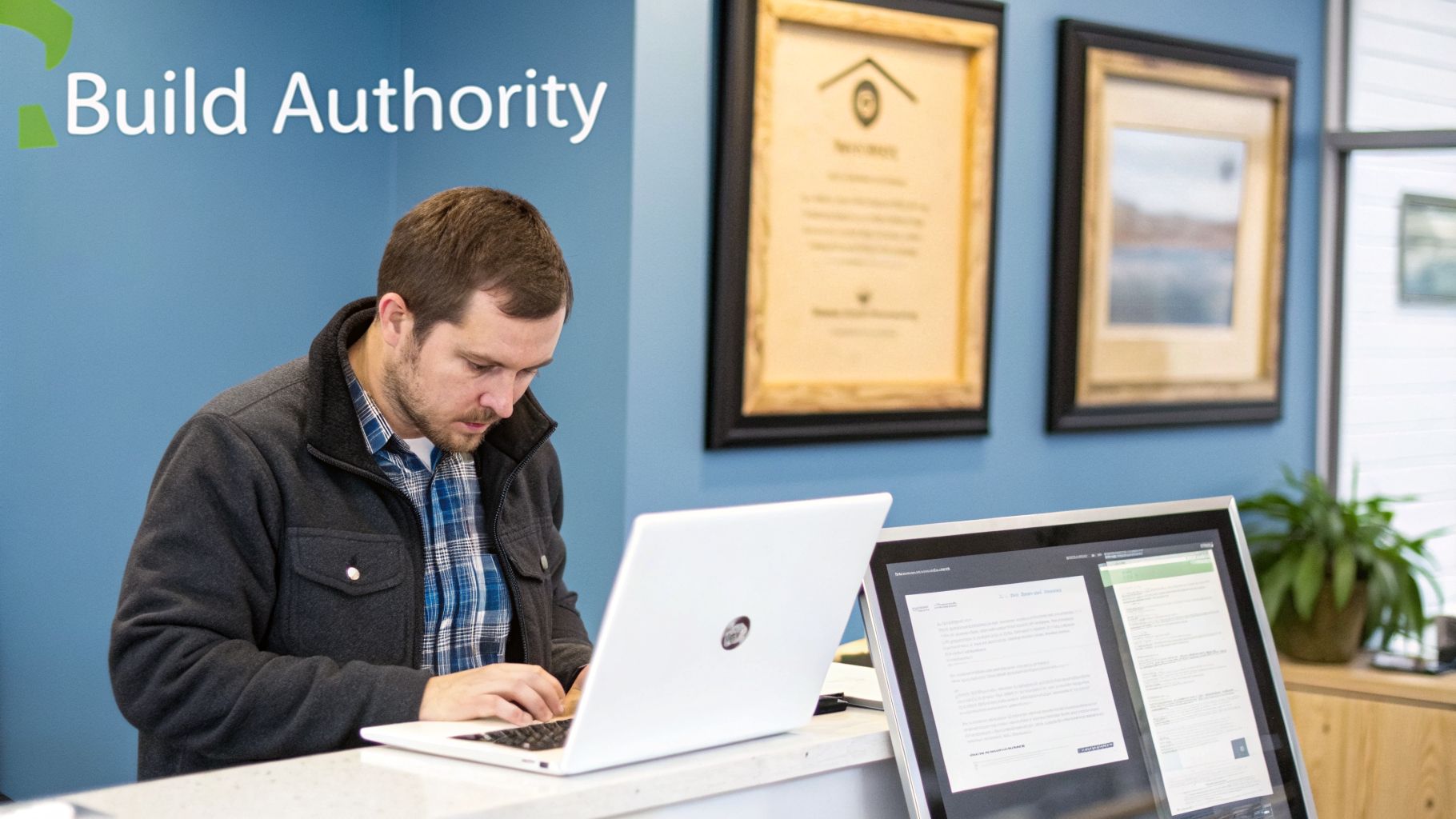 Man working on a laptop at a desk, with 'Build Authority' text on the blue wall behind him.