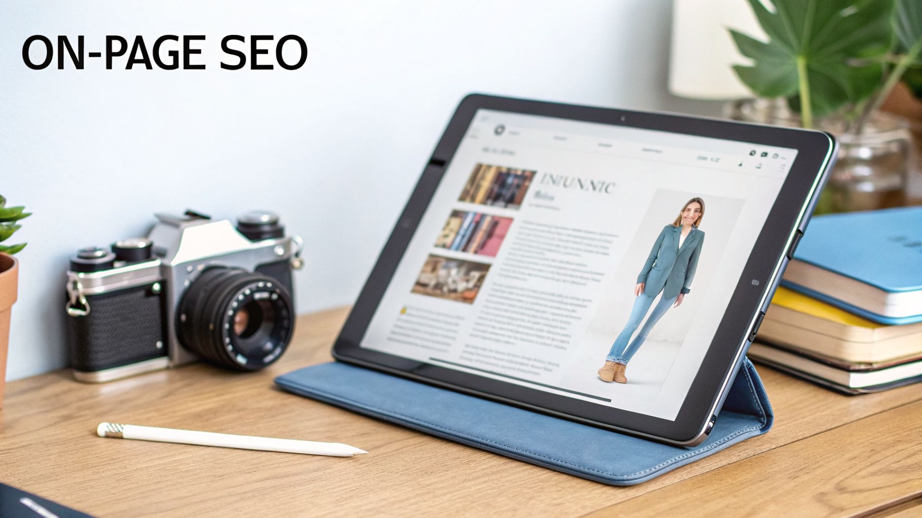 A tablet displaying an article about fashion, with "ON-PAGE SEO" text, on a desk with a camera and stylus.