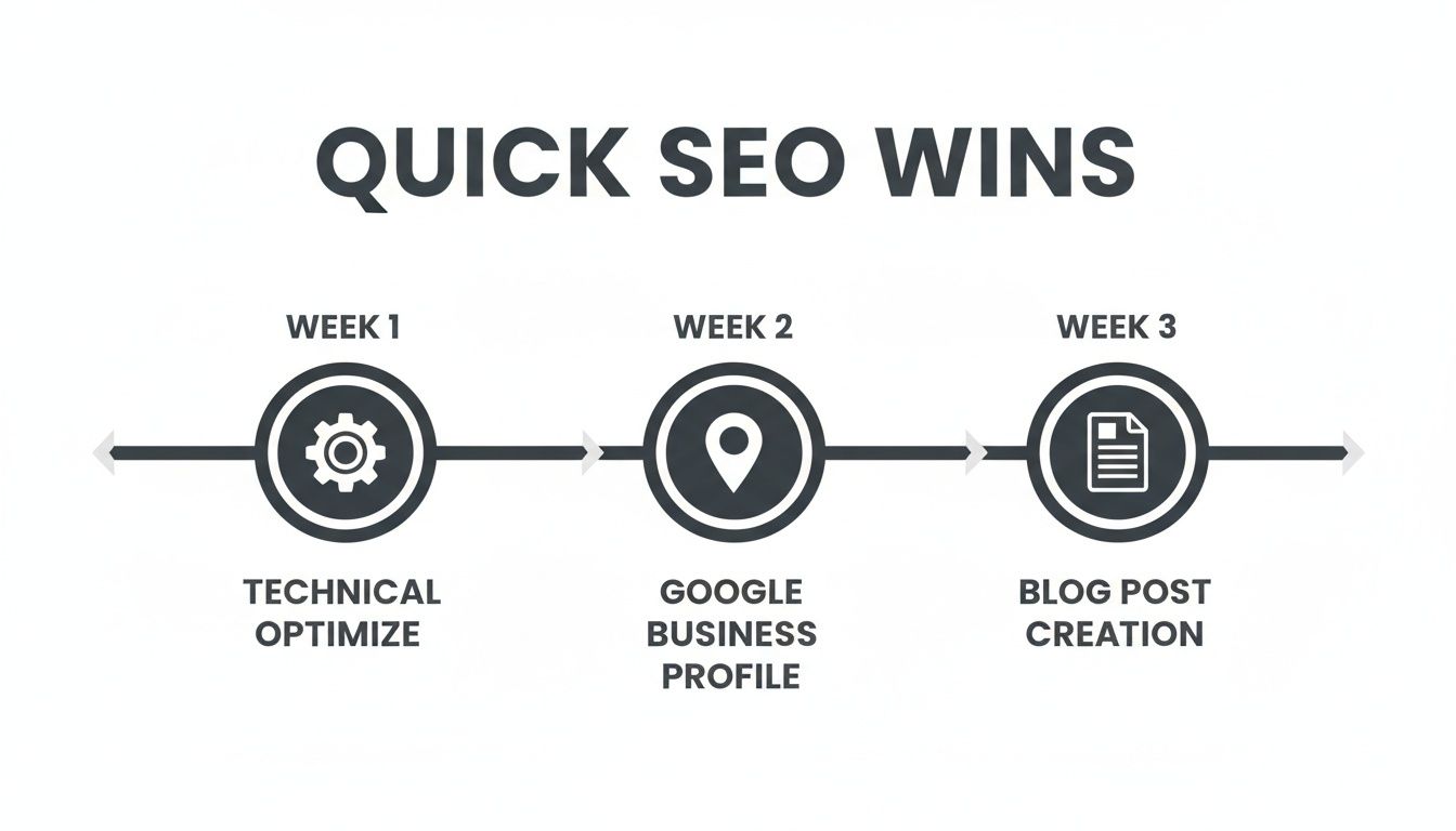 How to improve SEO ranking. A timeline illustrating quick SEO wins over three weeks: Technical Optimize, Google Business Profile, and Blog Post Creation.