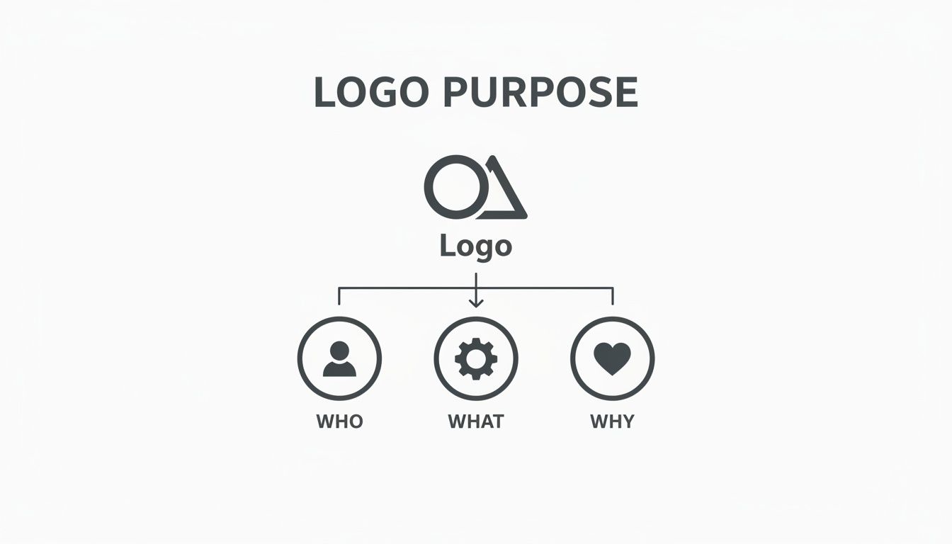 A diagram titled 'LOGO PURPOSE' shows a logo branching out to 'WHO', 'WHAT', and 'WHY' sections.
