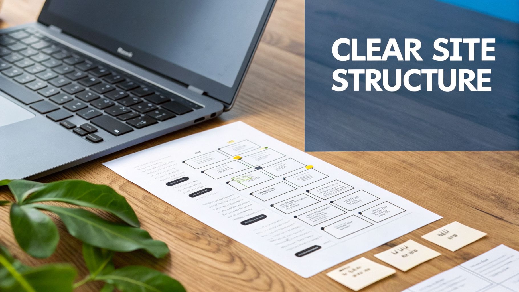 A laptop, a flowchart for a clear site structure, and sticky notes on a wooden desk.