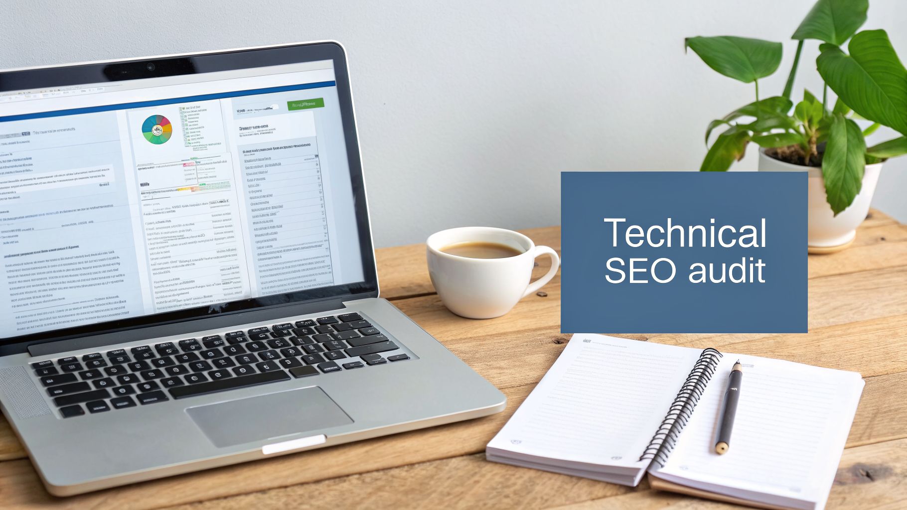 Laptop displaying a detailed technical SEO audit report with charts and data on a wooden desk.