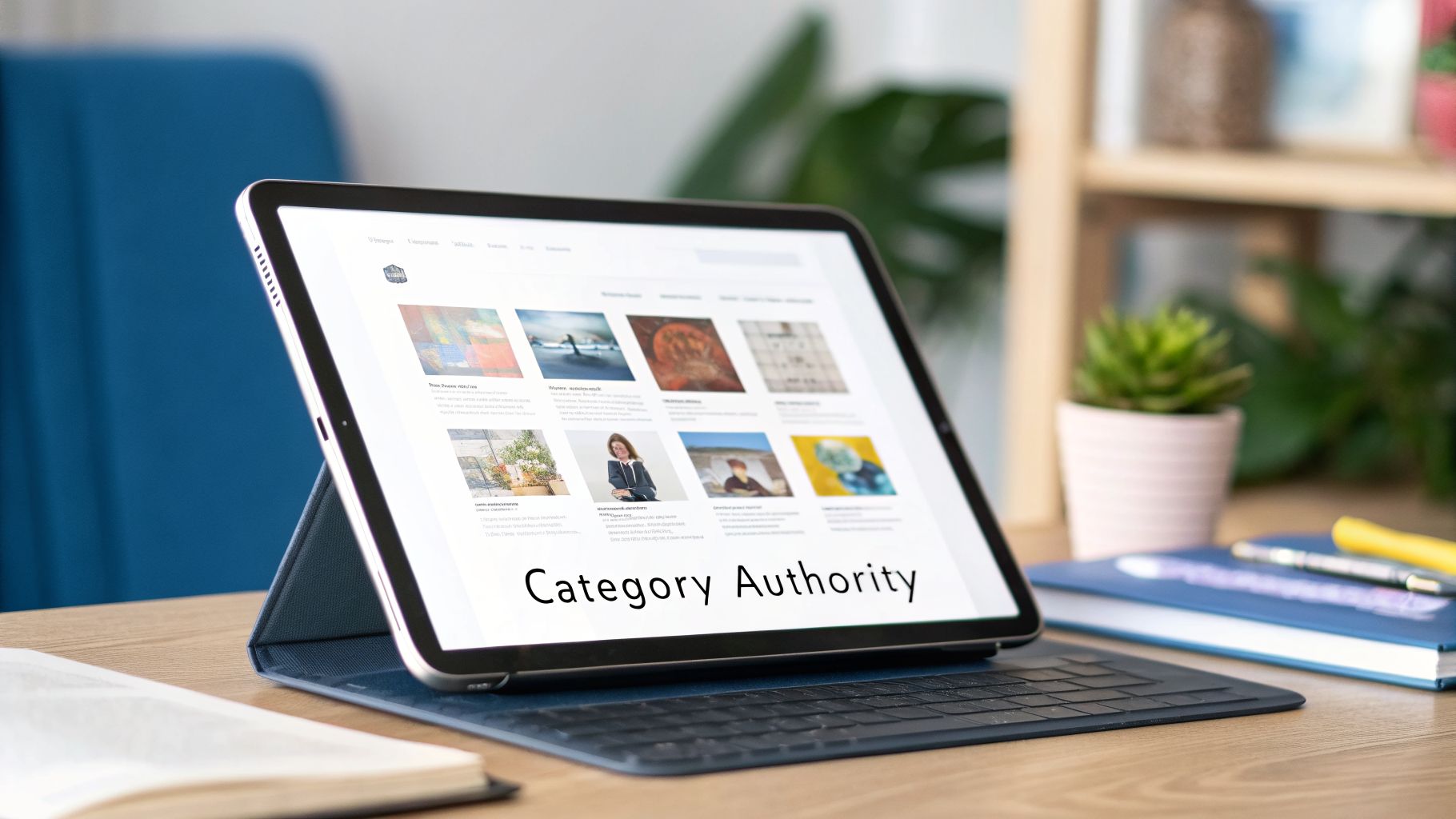 A tablet displaying a 'Category Authority' webpage with image thumbnails on a wooden desk.