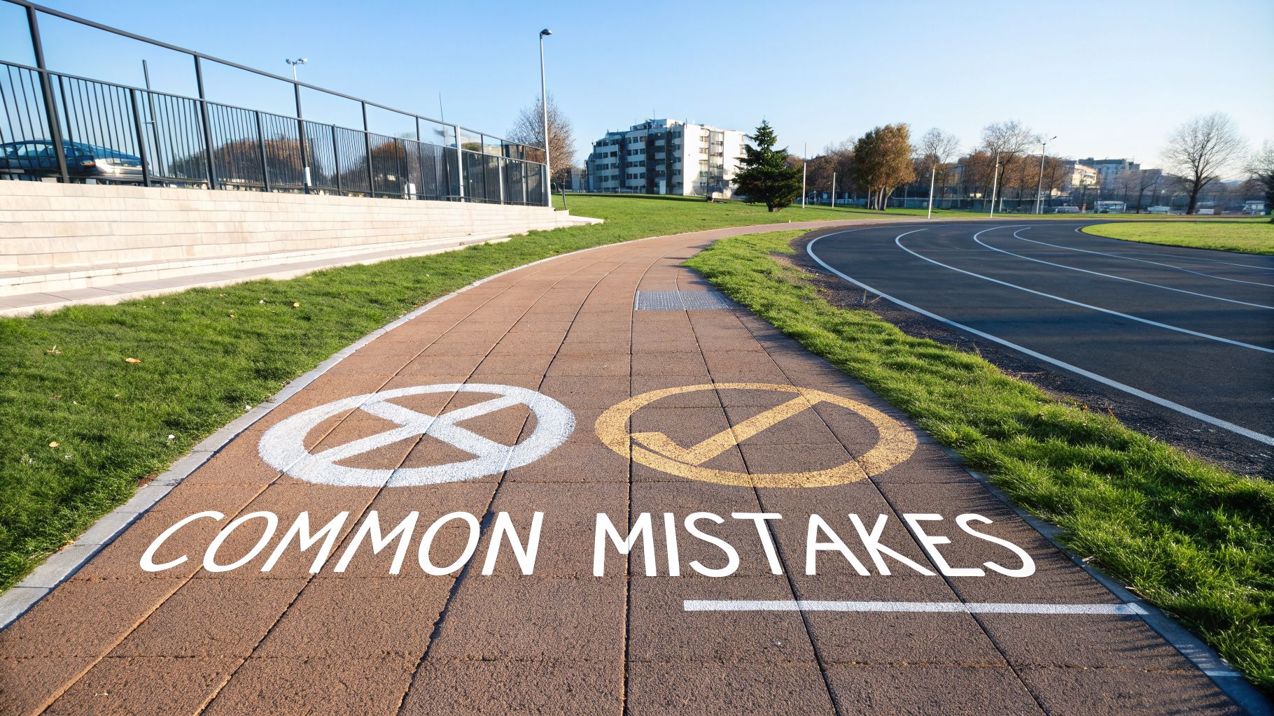 A path painted with 'COMMON MISTAKES' next to 'wrong' and 'right' symbols, leading to a running track.
