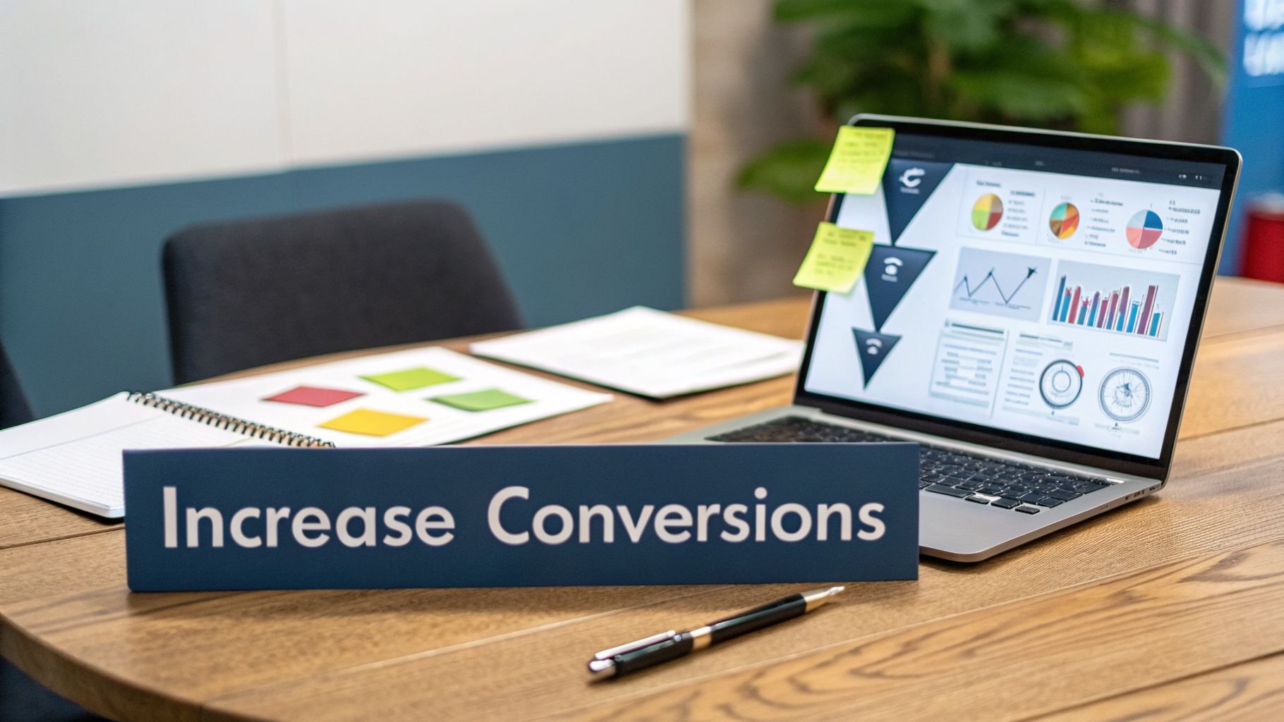 A desk with a laptop displaying conversion data and a sign reading 'Increase Conversions'.