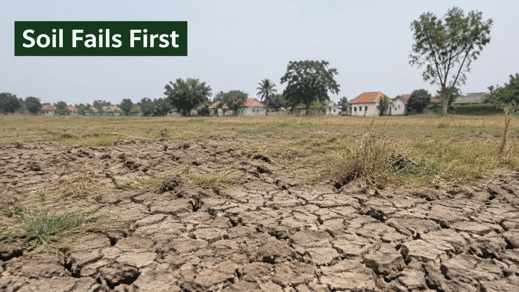 A landscape of dry, cracked earth in a field illustrating the harsh conditions of land desertification.