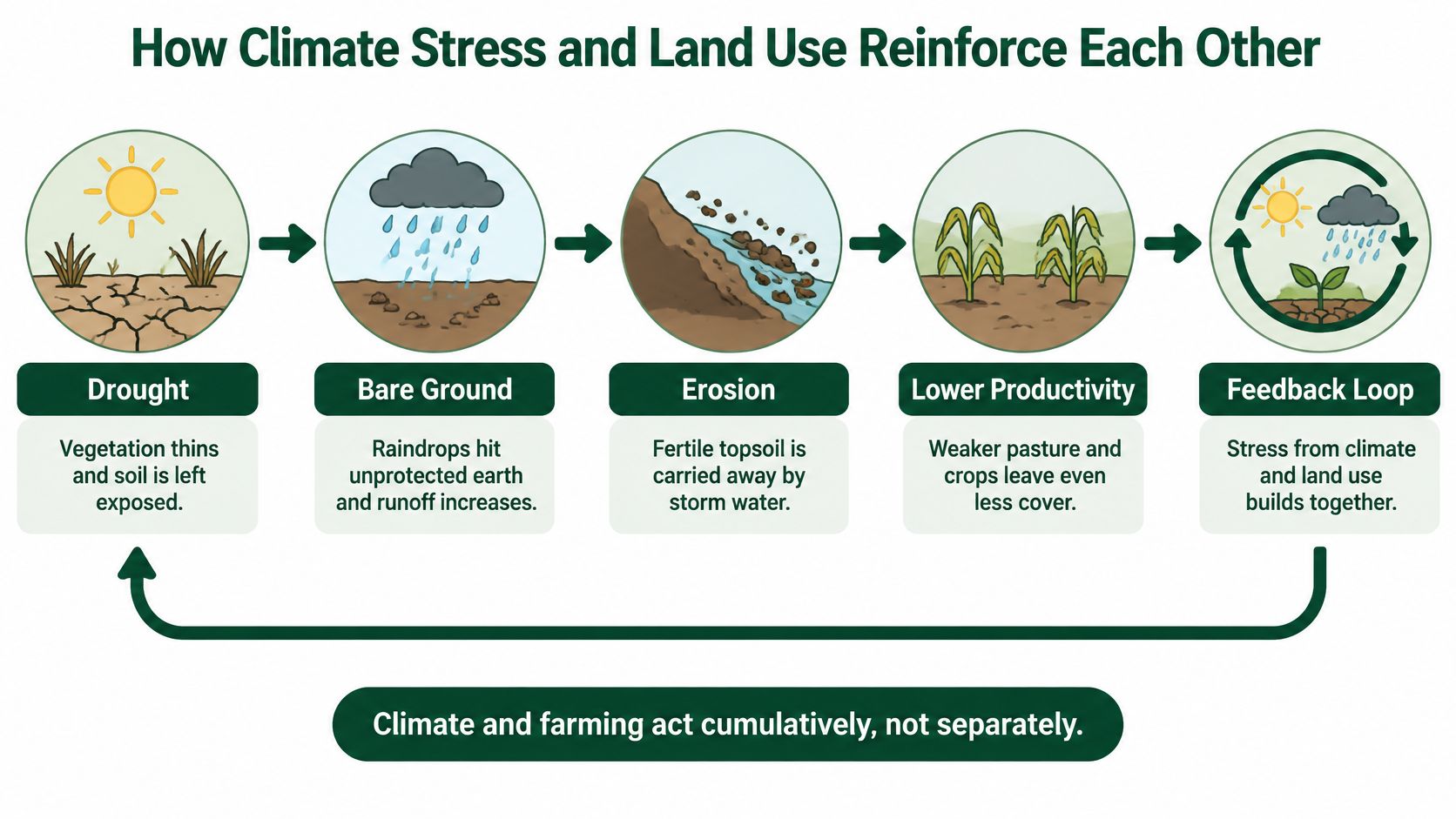 A diagram illustrating how climate stress and land use create a feedback loop leading to soil degradation.