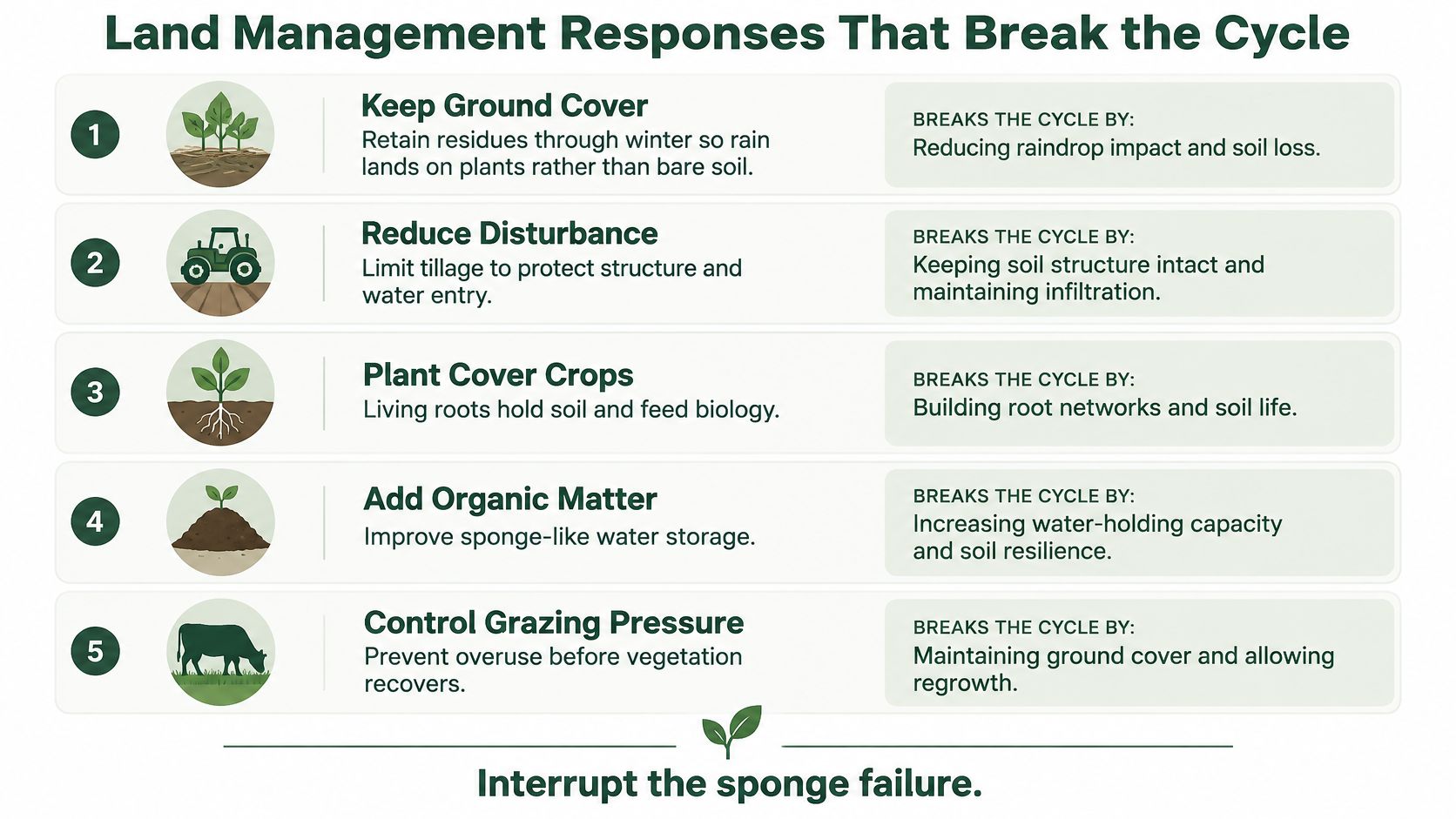 An infographic listing five land management strategies to improve soil health and prevent water-related erosion.