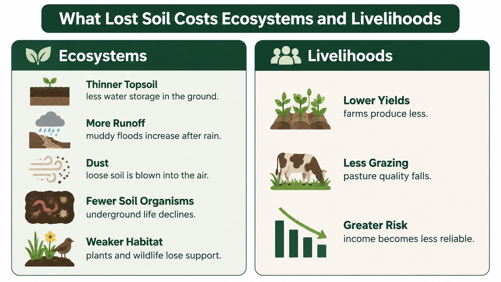 An infographic showing the negative impacts of soil loss on ecosystems and human livelihoods.