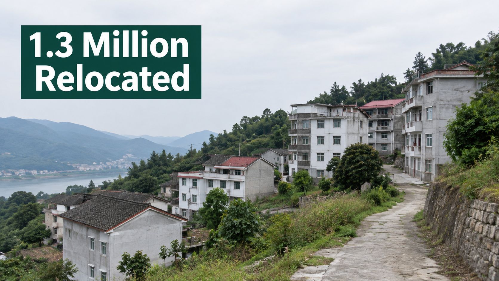 Concrete residential buildings situated on a hillside overlooking a river near the Three Gorges Dam project.
