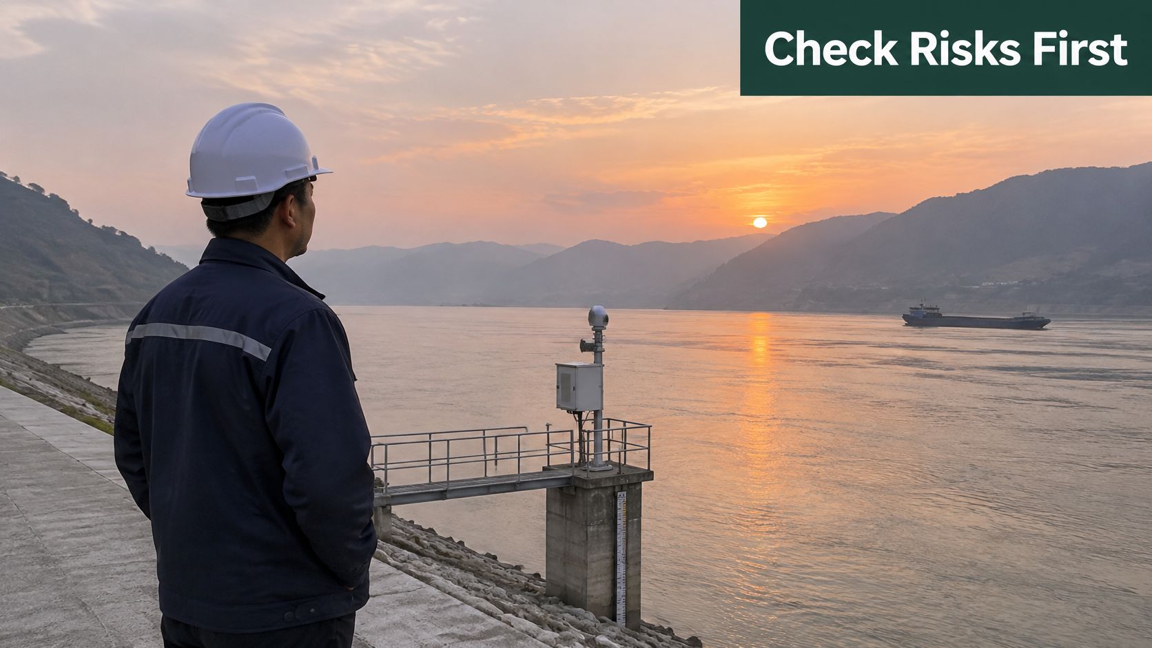 A construction engineer in a hard hat looks out over the Yangtze River at the Three Gorges Dam.