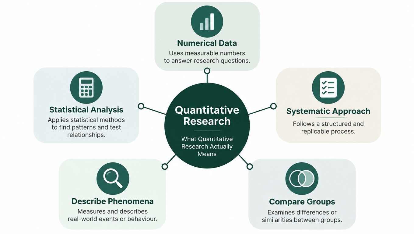 A diagram illustrating the key components and characteristics of quantitative research, including numerical data and statistical analysis.