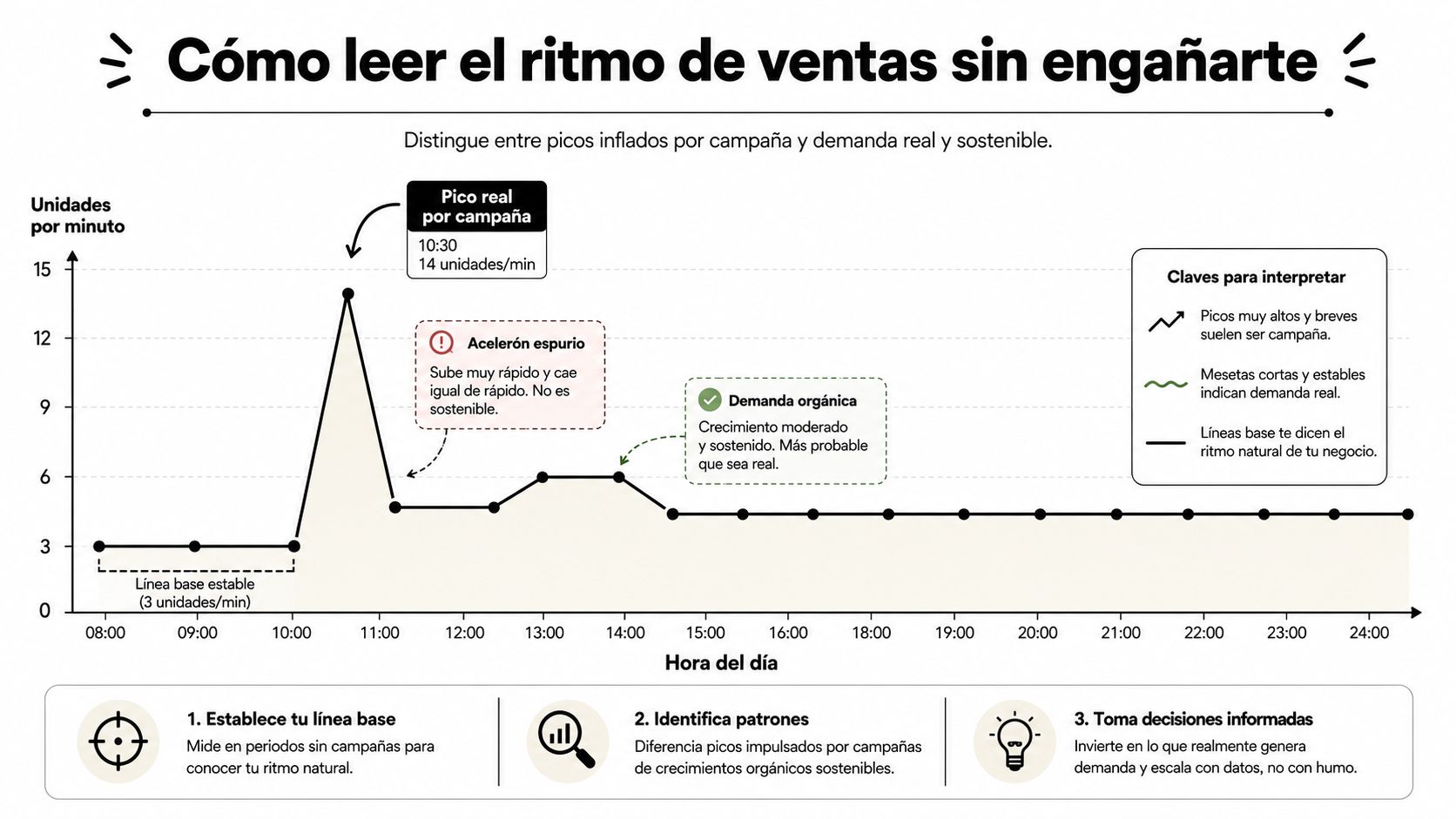 Gráfico que ilustra cómo distinguir picos de ventas por campañas frente a la demanda orgánica real.