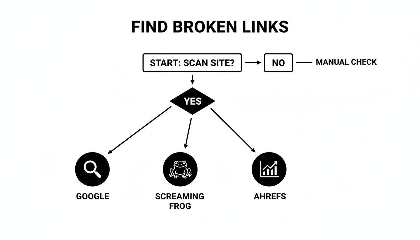 A flowchart showing how to find broken links using tools like Google, Screaming Frog, and Ahrefs.