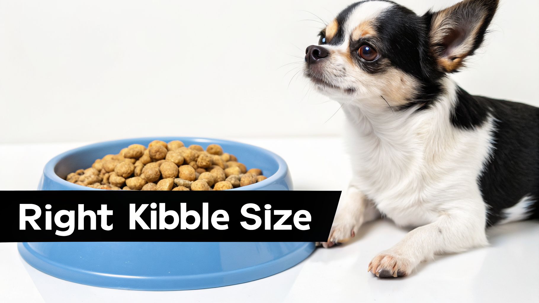 A small chihuahua dog looks attentively at a blue bowl filled with dry kibble, highlighting 'Right Kibble Size'.