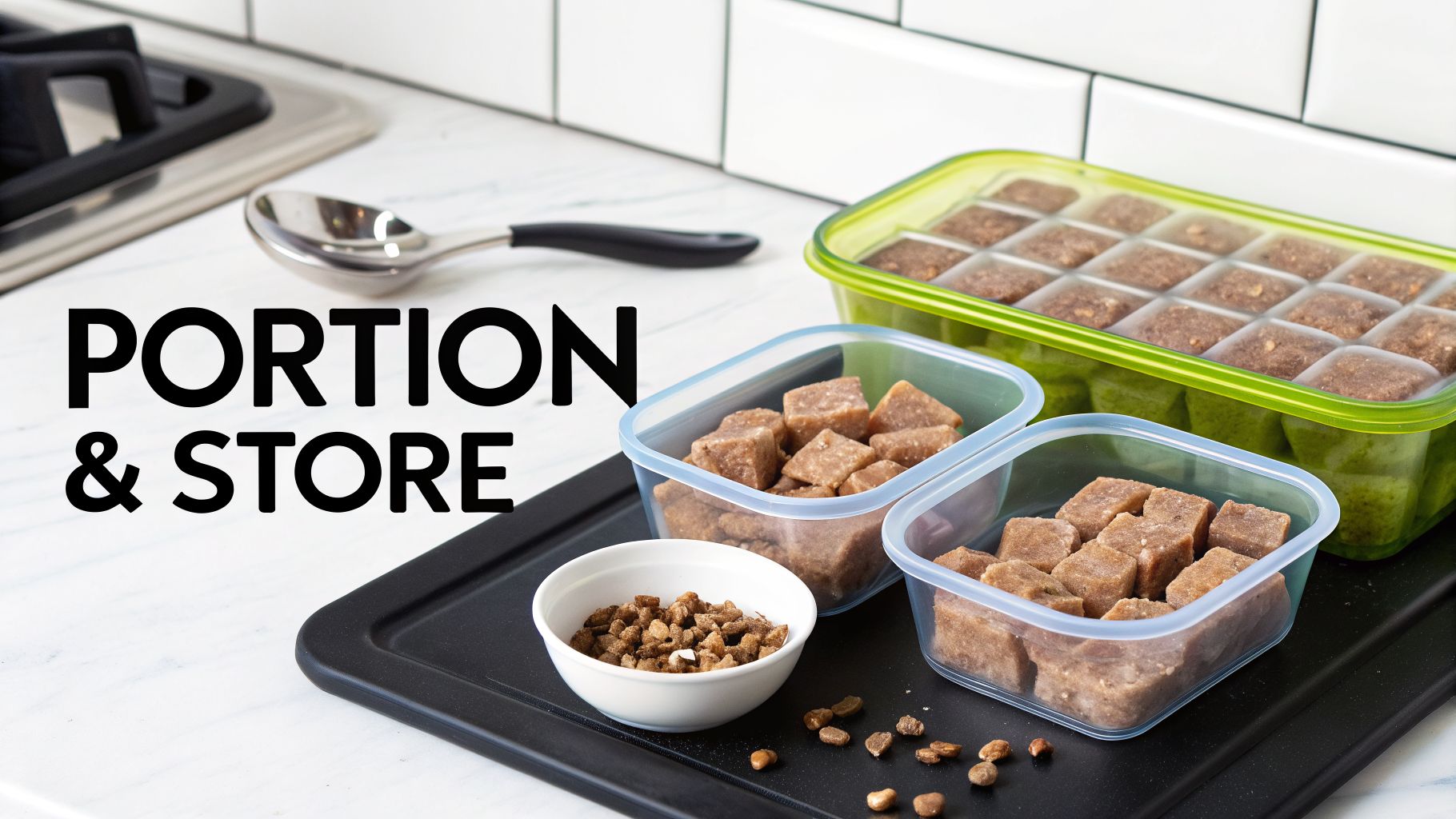 Pre-portioned homemade dog food, resembling beef stew, in various storage containers on a kitchen counter.