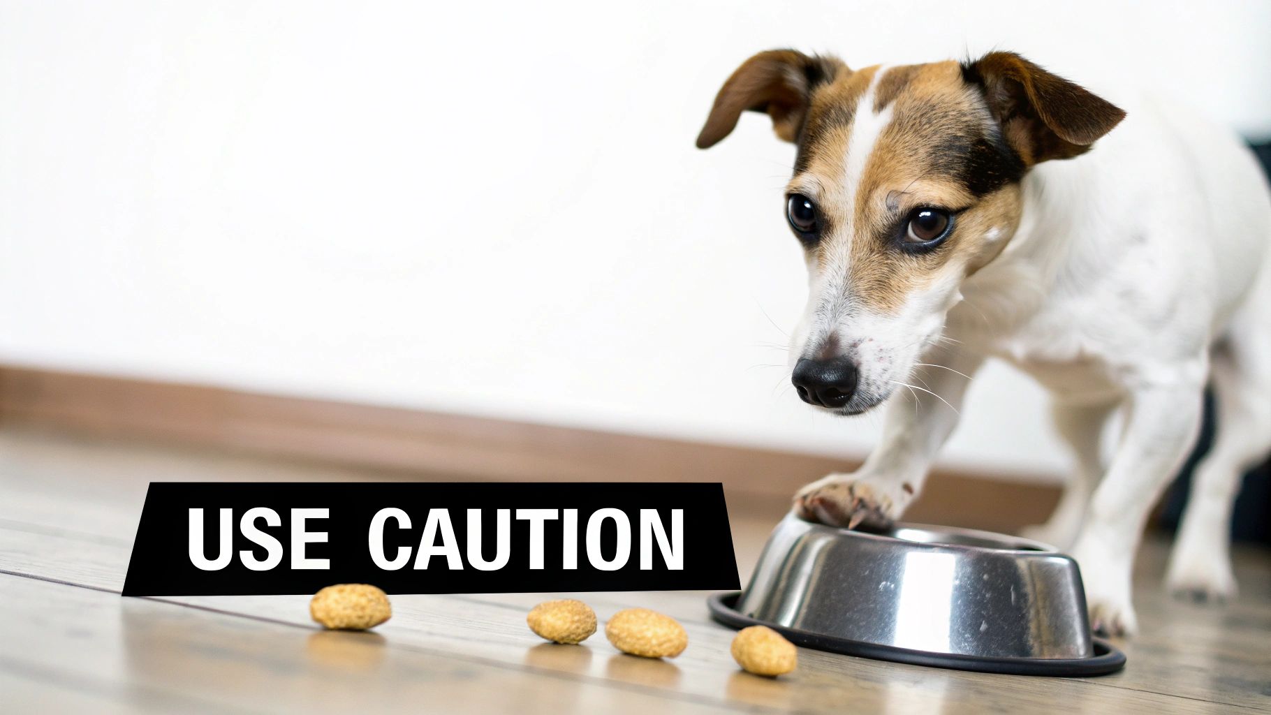 A Jack Russell dog looking at kibble on the floor next to its bowl with a 'USE CAUTION' text overlay.