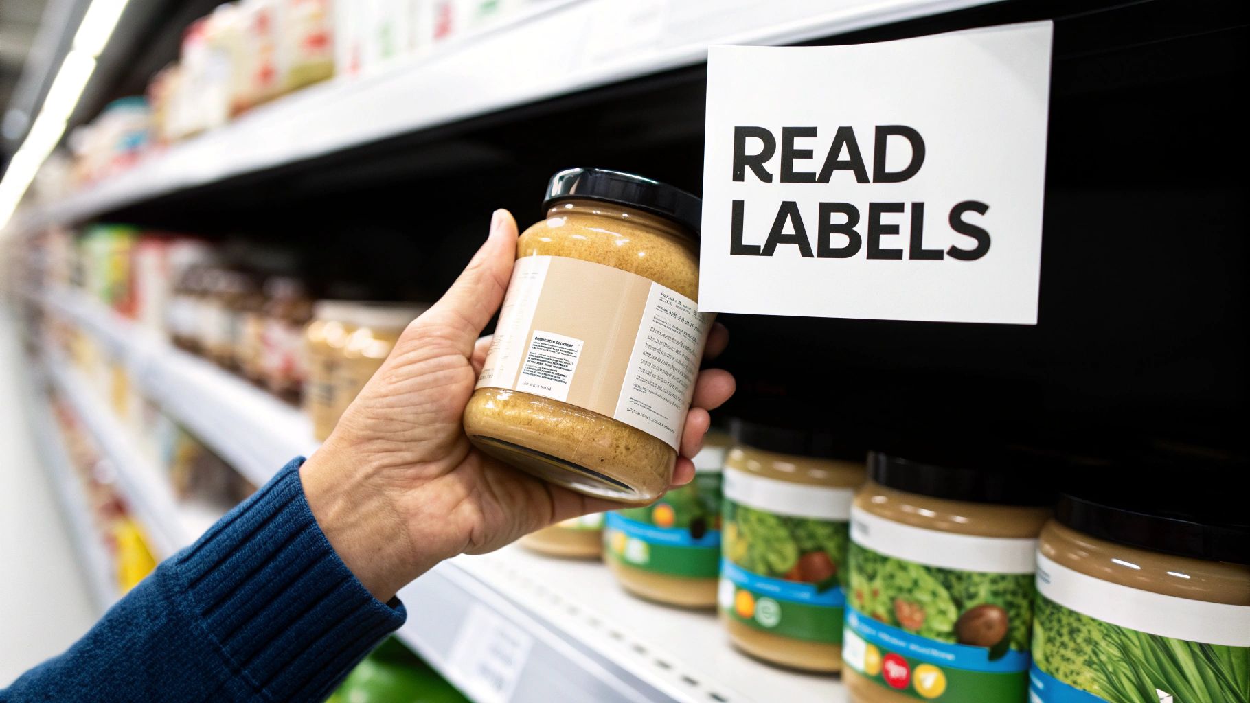 Close-up of a hand holding a food jar, with a 'READ LABELS' sign in a grocery store.