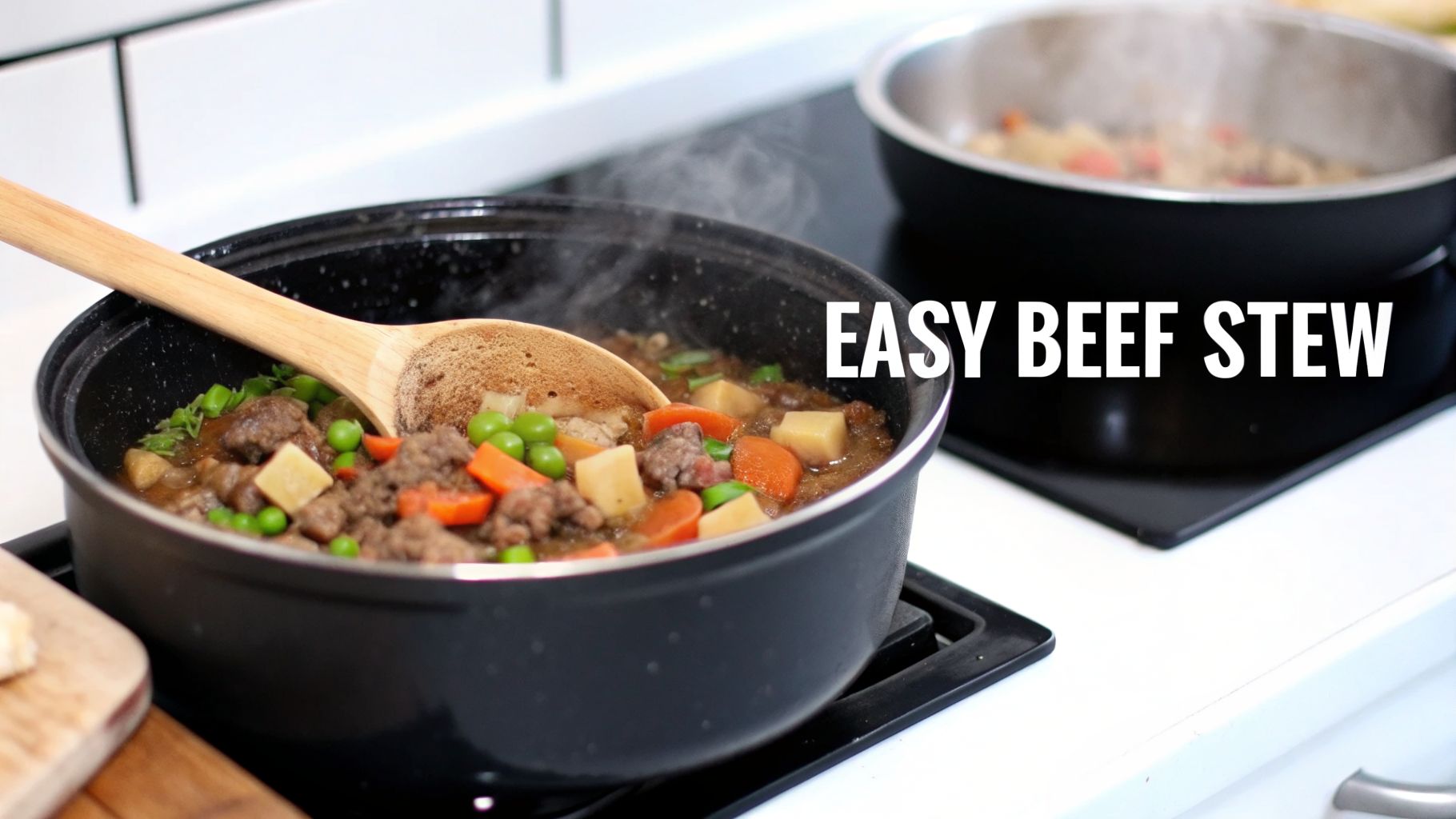 Steaming pot of easy beef stew with peas, carrots, and potatoes being stirred on a stovetop.