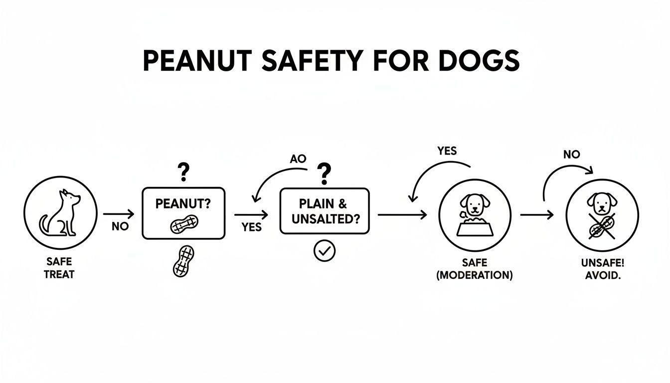 A flowchart titled 'Peanut Safety for Dogs' guides on feeding plain, unsalted peanuts in moderation.