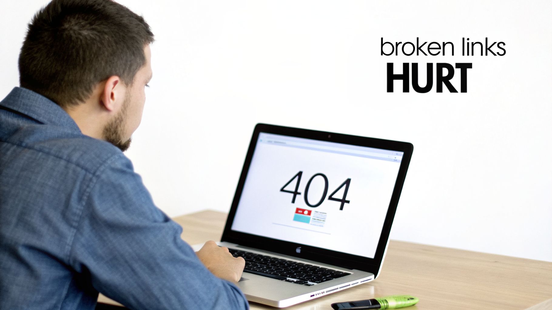 A man sees a 404 error page while learning how to fix broken links.