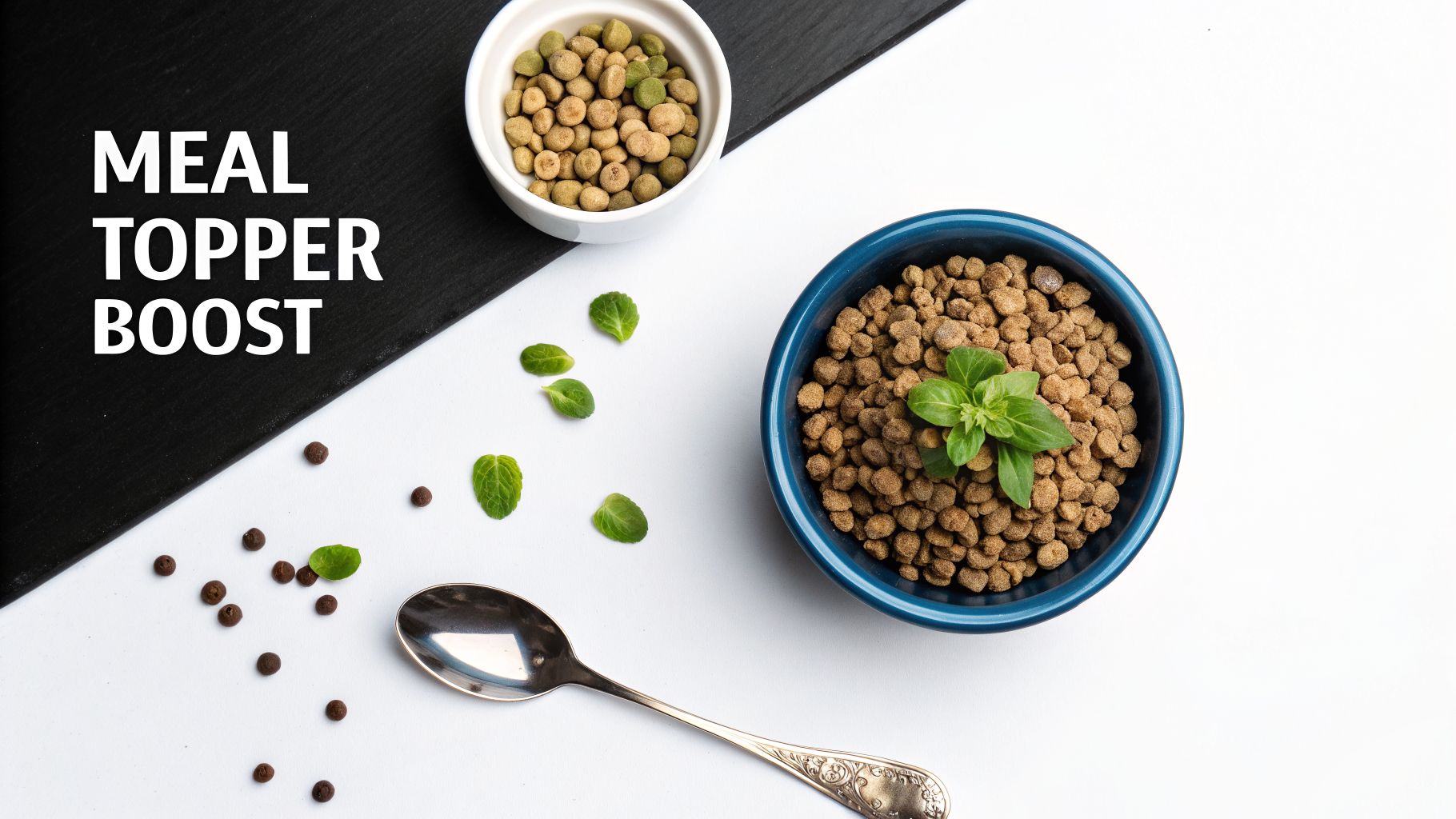 Overhead view of two bowls of pet kibble, mint leaves, and a spoon on a black and white surface.