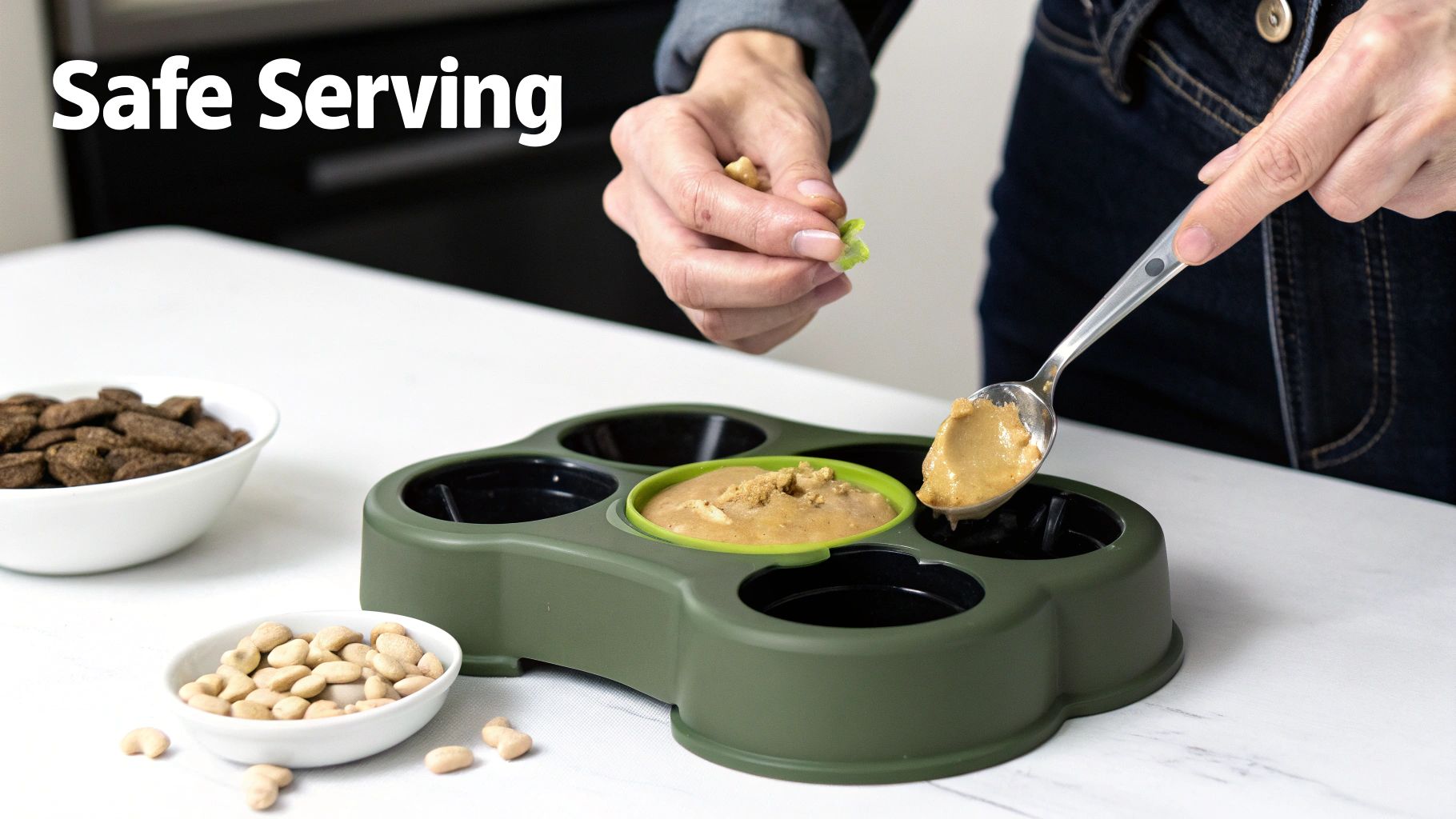 A person preparing various dog treats like peanut butter and kibble in a multi-compartment feeder.
