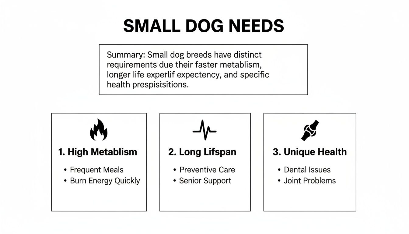 An infographic detailing small dog needs, including high metabolism, long lifespan, and unique health challenges.