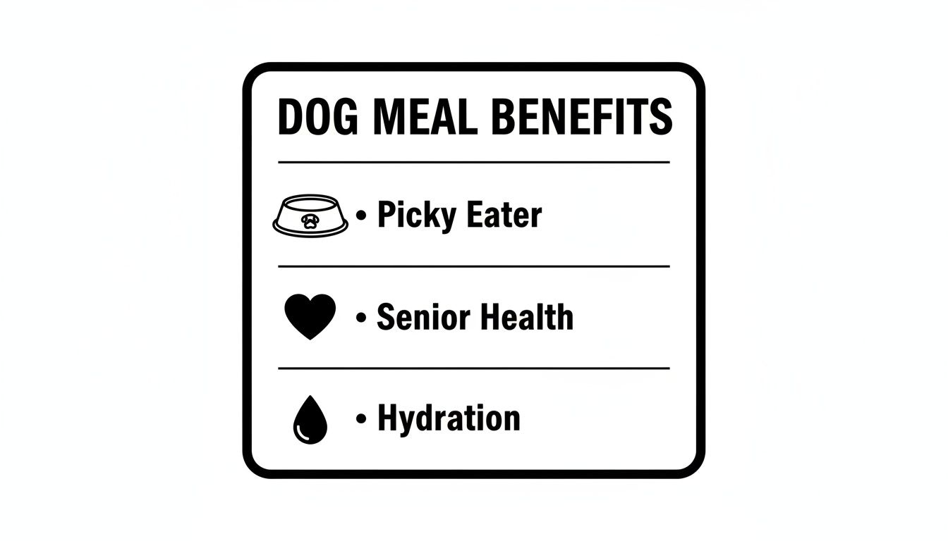 Infographic outlining dog meal benefits: Picky Eater, Senior Health, and Hydration, with relevant icons.