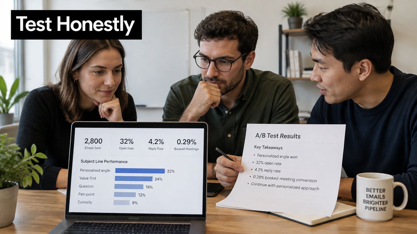 A professional team of three people reviewing A/B testing data on a laptop and printed report.