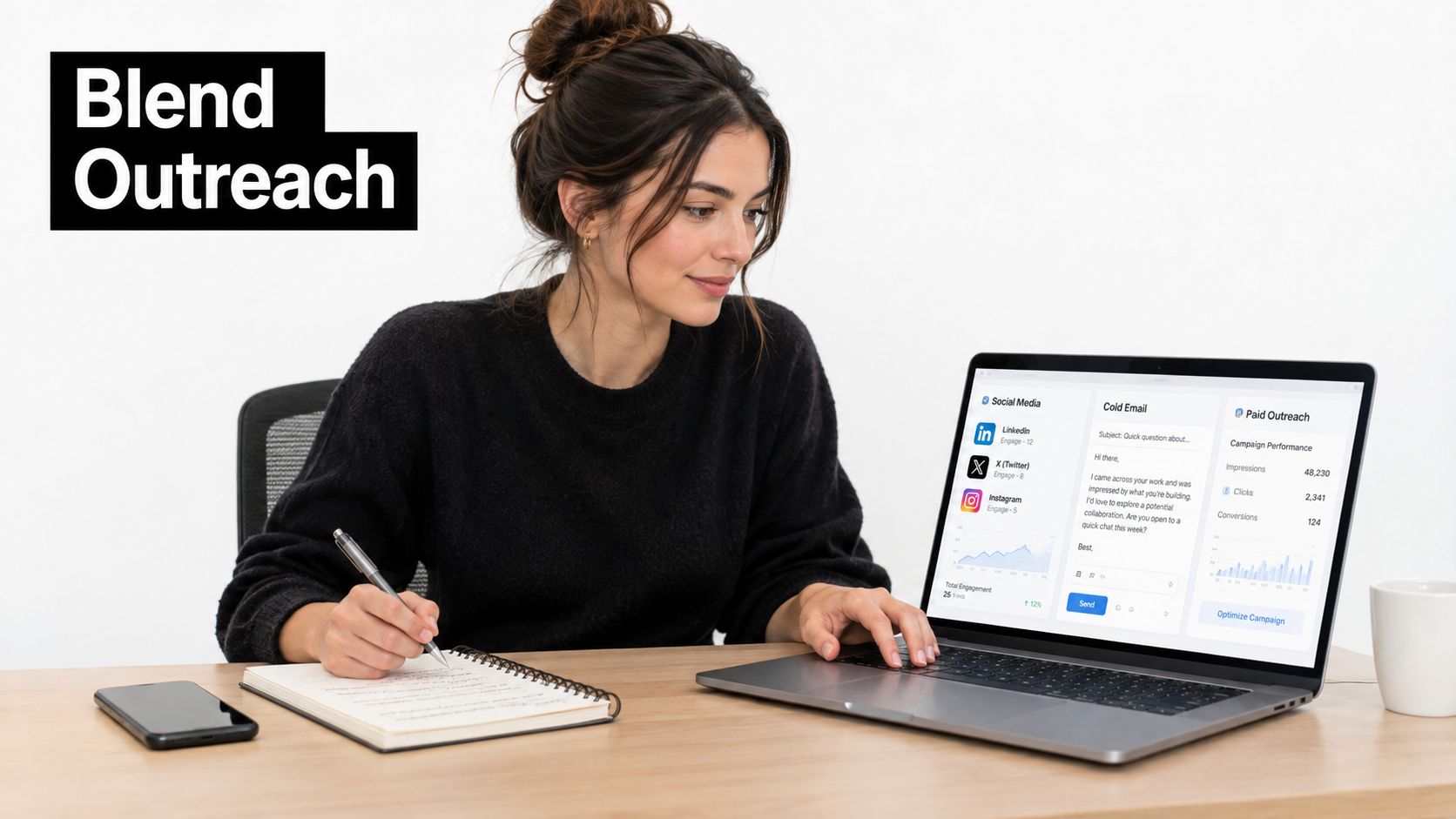 A professional woman working at a laptop with social media and email outreach metrics on display.