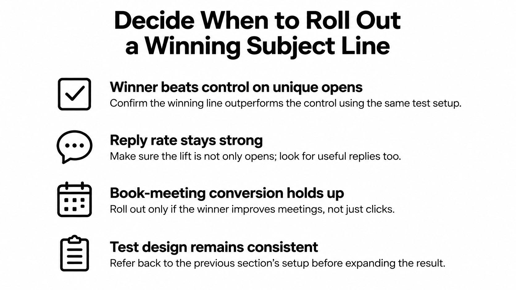 A checklist infographic detailing four essential criteria for deciding when to roll out a winning email subject line.