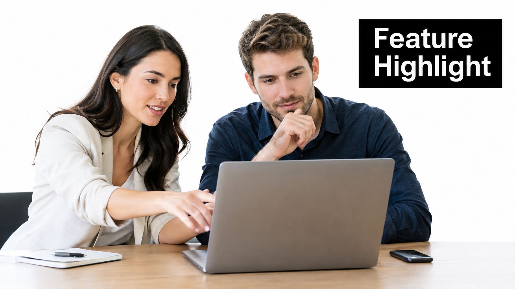 A professional man and woman collaborate on a laptop while sitting together at a wooden table.