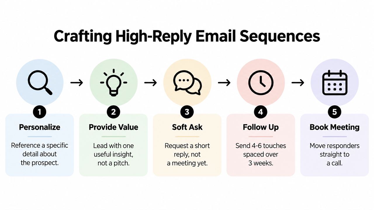 A five-step infographic guide titled Crafting High-Reply Email Sequences for effective email outreach strategy.