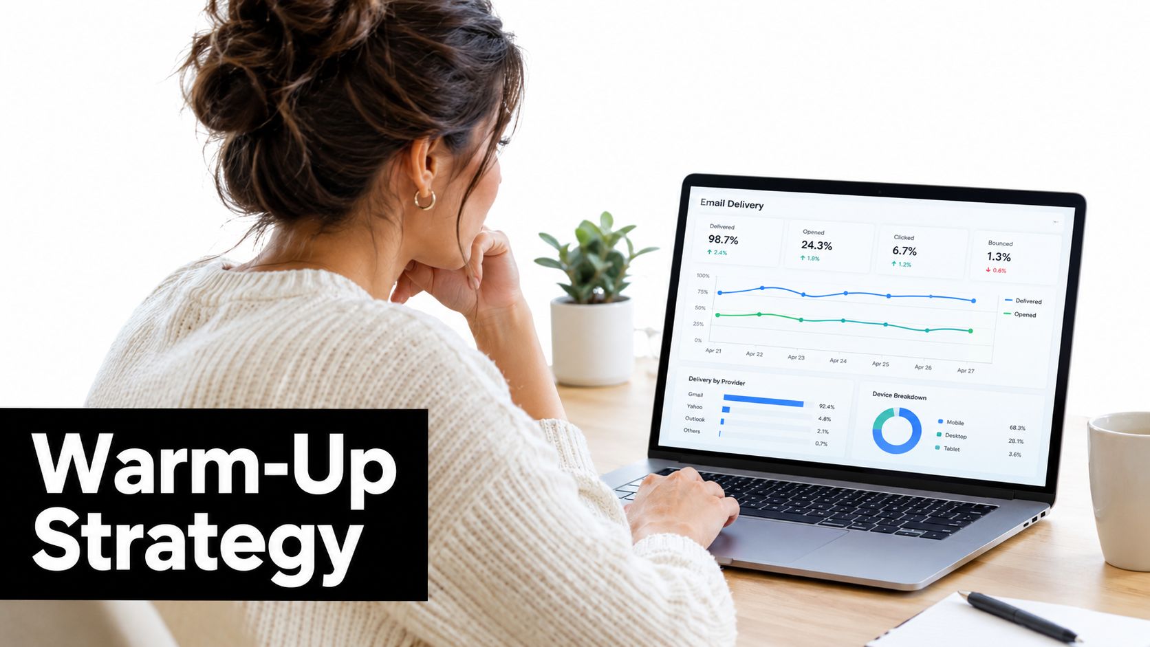 A woman reviewing email deliverability metrics on a laptop screen featuring charts for a marketing campaign analysis.