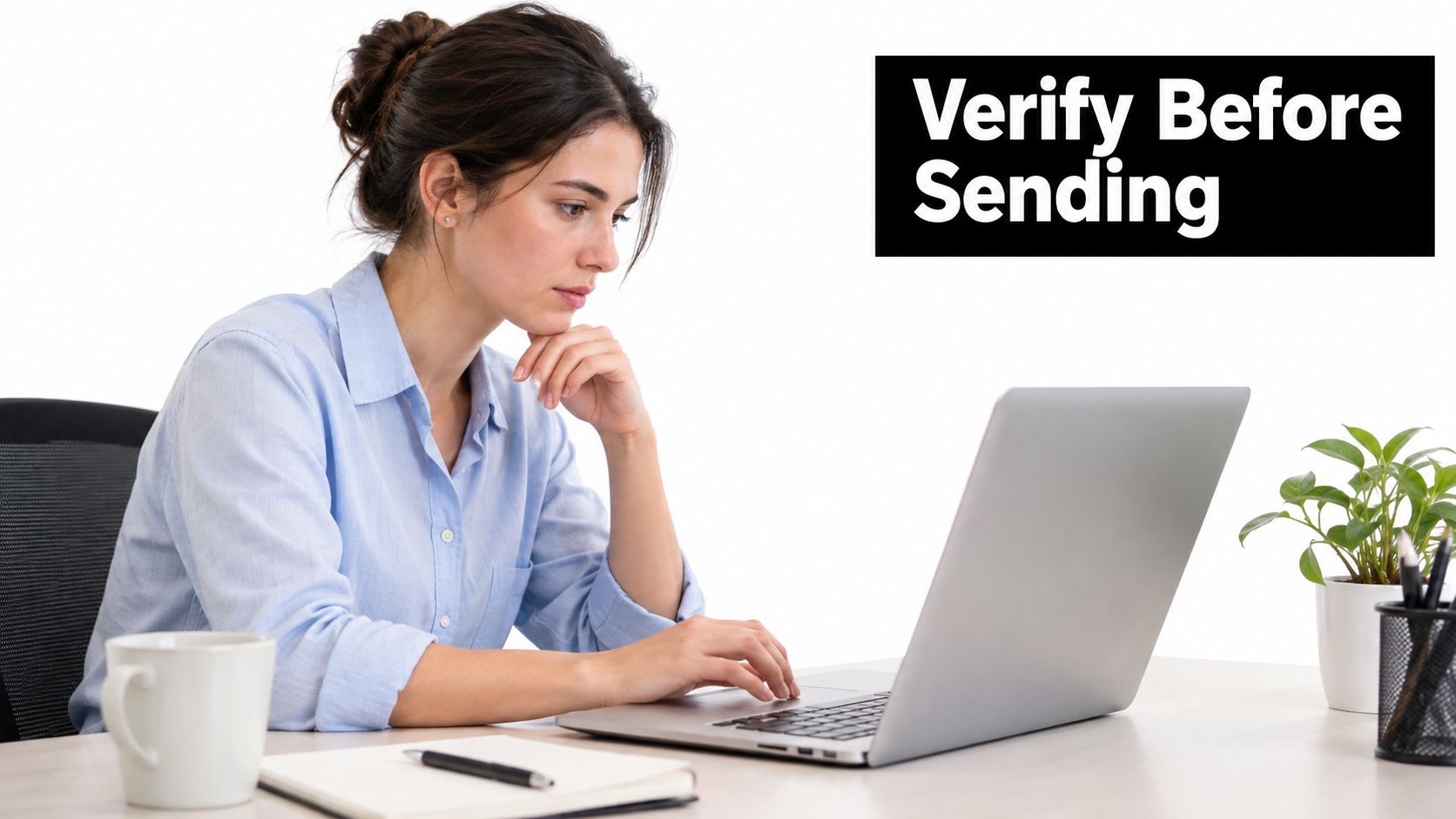 A professional woman sitting at a desk looking intently at her laptop screen while thinking about emailing.