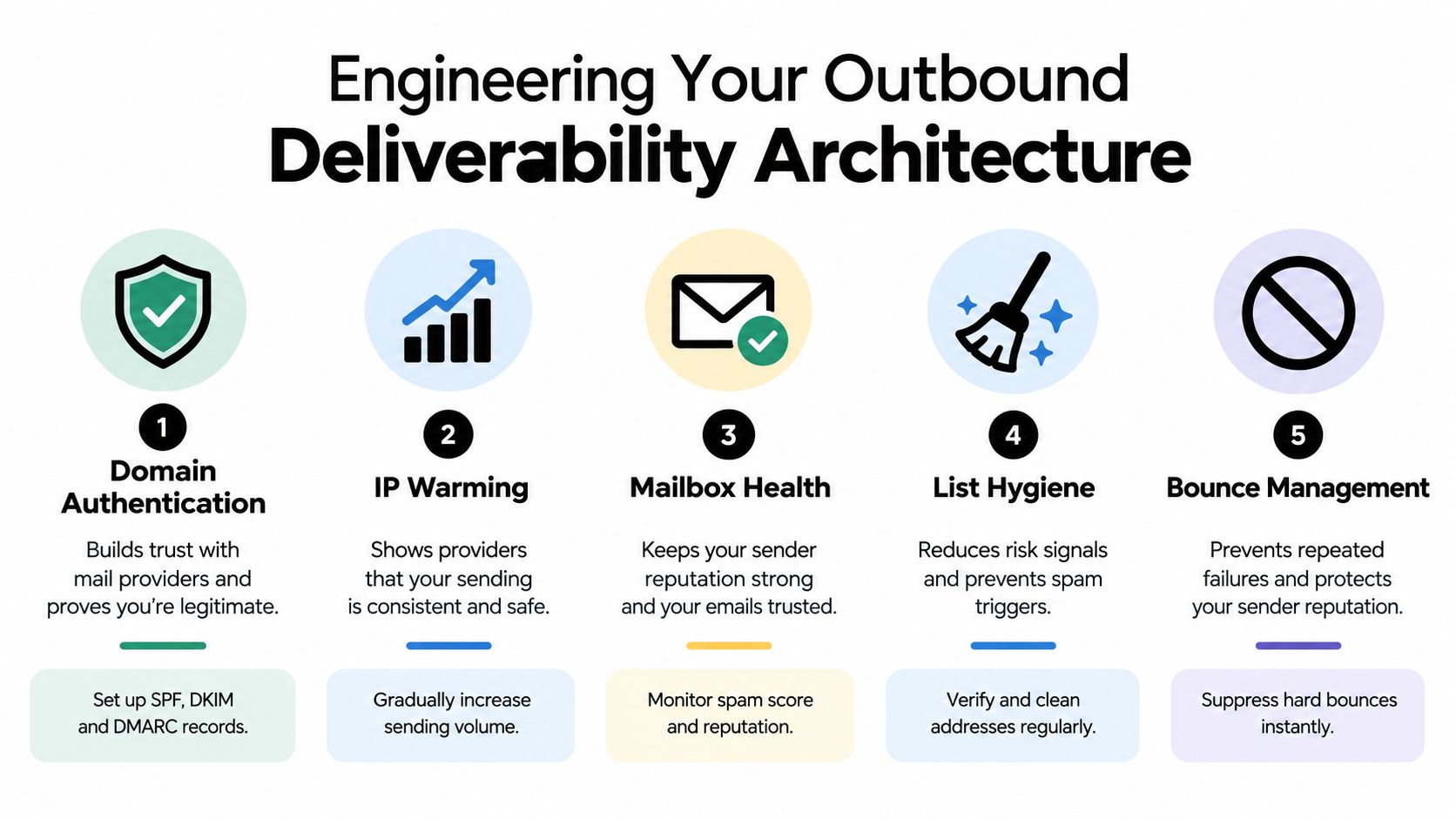 A five-step guide on engineering an outbound email deliverability architecture for better sender reputation and success.