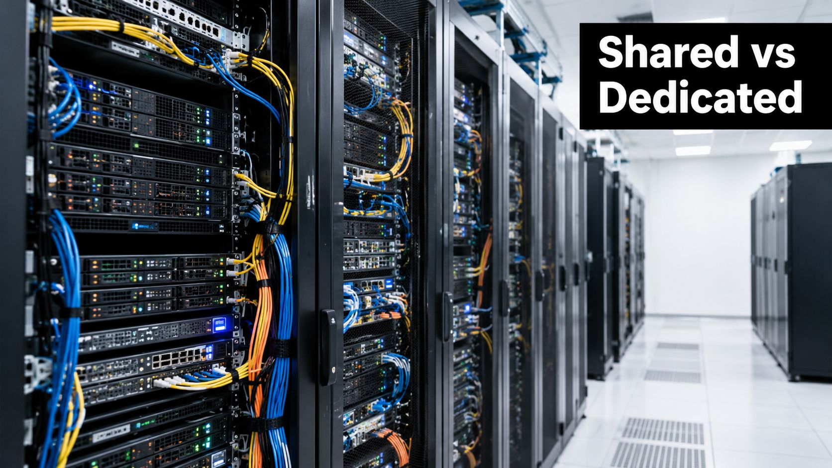 A modern data center filled with rows of server racks, cables, and infrastructure hardware for hosting.
