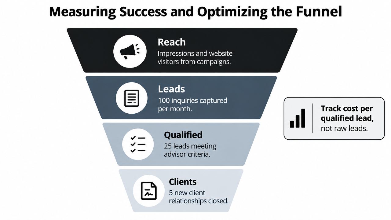 A marketing funnel diagram illustrating the process from website reach to closed client relationships for financial advisors.
