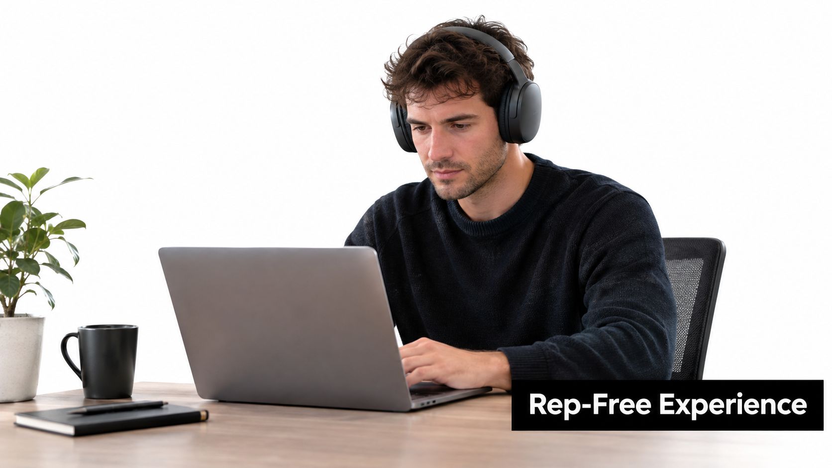 A young man with headphones works on his laptop at a desk with a plant and notebook.