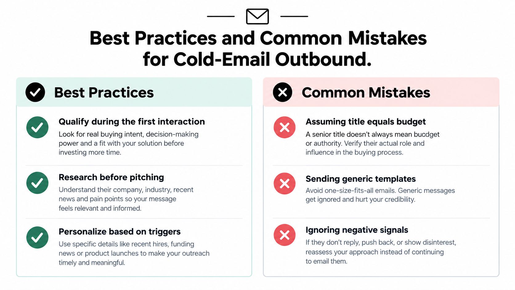 A comparison chart outlining best practices and common mistakes to avoid in cold email outbound strategy.