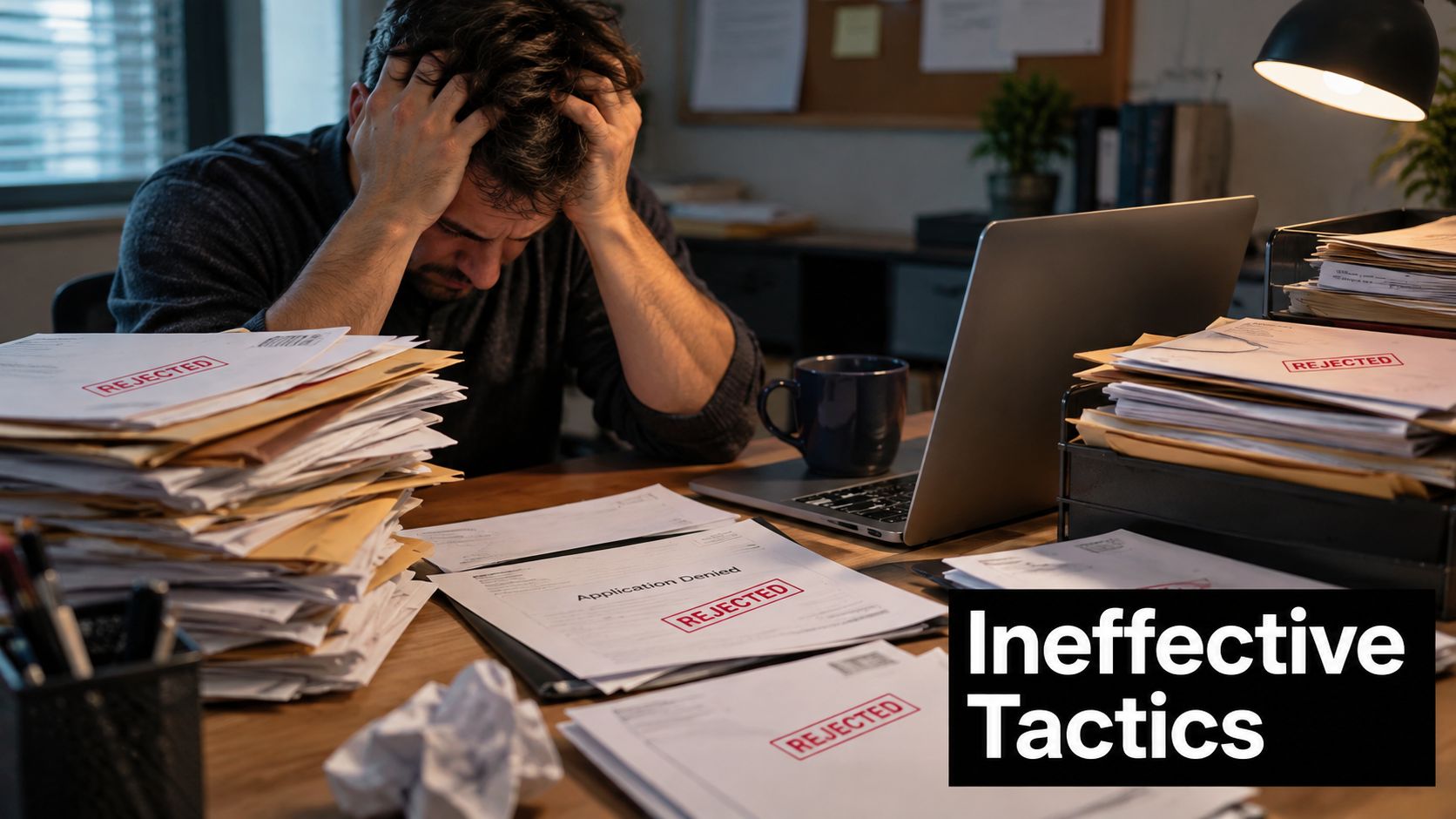 A frustrated professional sitting at a cluttered desk filled with rejected application papers and files.