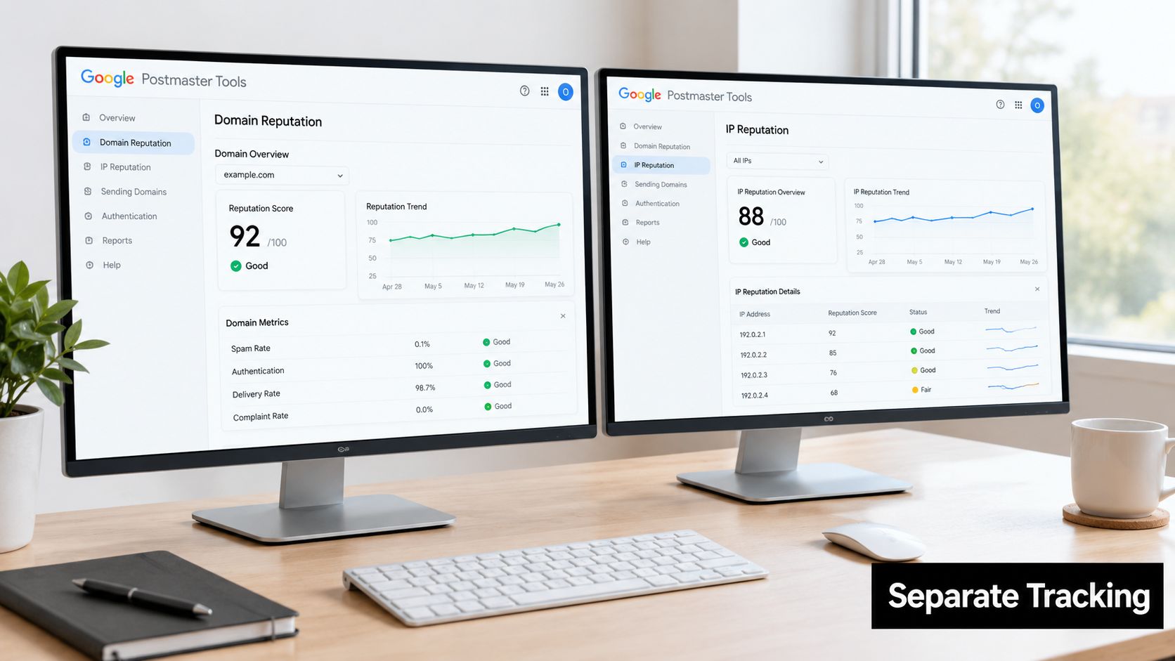 Two computer monitors displaying Google Postmaster Tools analytics, showing domain and IP reputation dashboards for email deliverability.