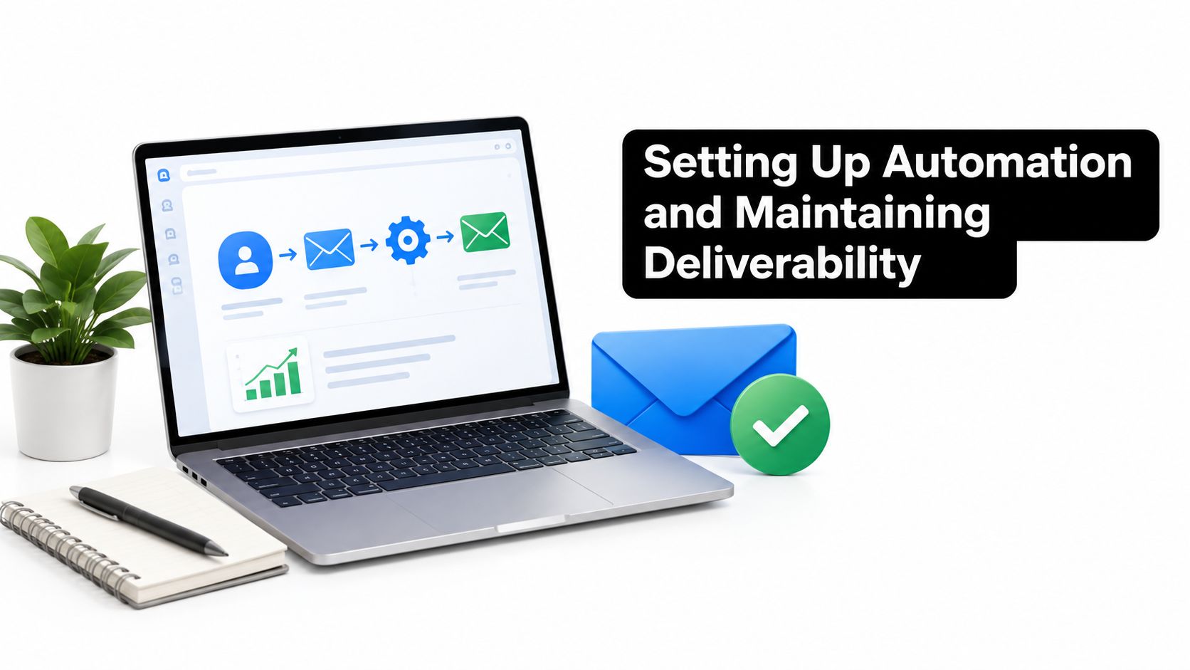 A laptop displaying email automation workflow software alongside a notepad and email icons on a white background.