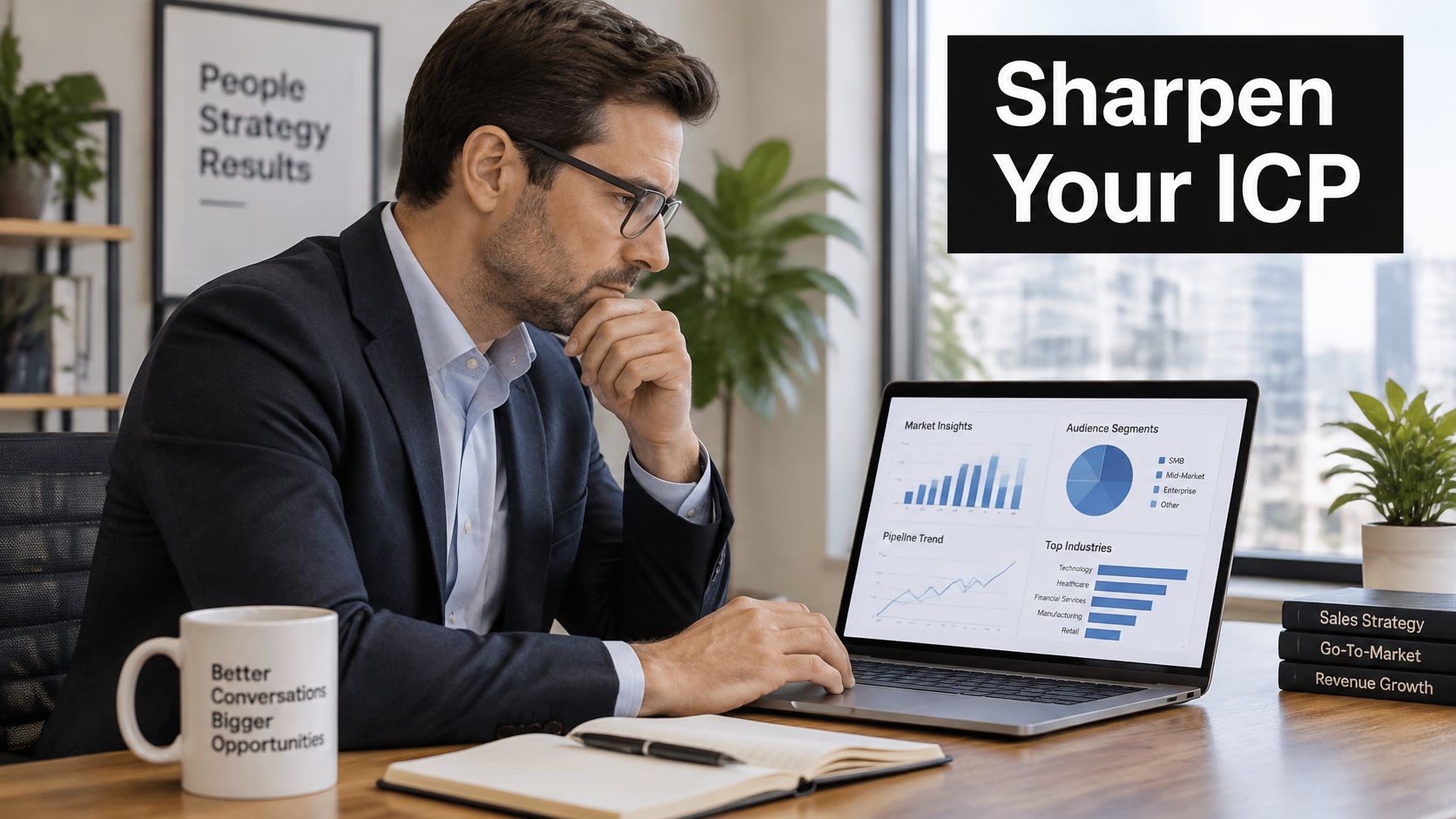 A professional man sits at a desk, reviewing marketing analytics data on his laptop to improve business strategy.