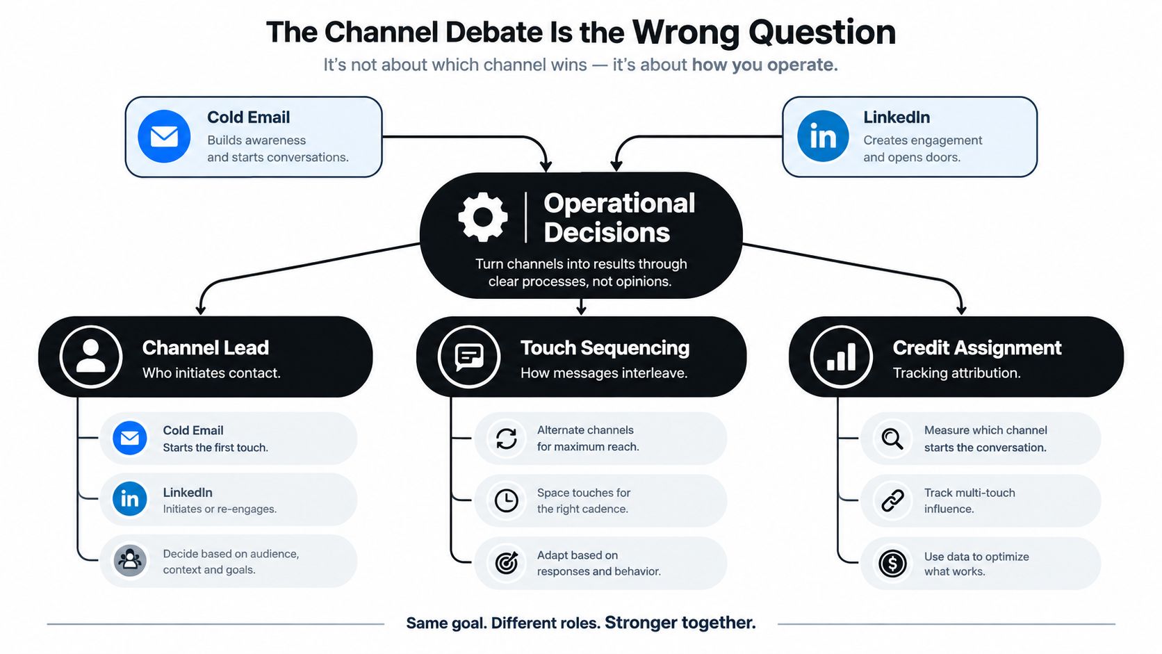 A diagram illustrating how to integrate cold email and LinkedIn outreach into a unified operational sales strategy.