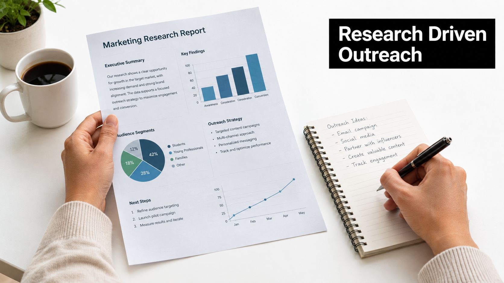 A person reviewing a marketing research report with charts while taking notes in a spiral notebook.